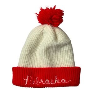Vintage Early 1970’s Nebraska Kids Beanie Hat Pom Pom 70s Red & White Winter
